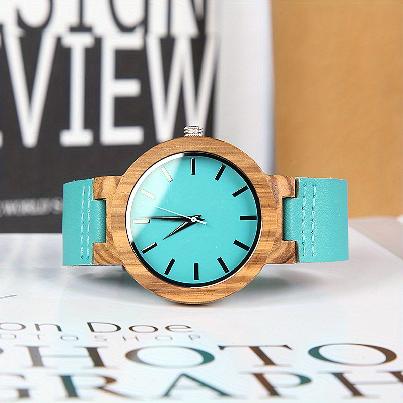 natural wood womens watch casual round pointer quartz watch vintage fashion analog genuine leather wrist watch details 3