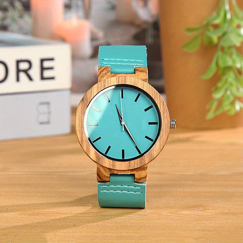 natural wood womens watch casual round pointer quartz watch vintage fashion analog genuine leather wrist watch details 2