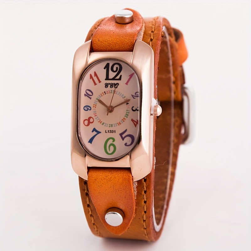 womens retro oval quartz watch colorful numerals fashion analog pu leather wrist watch details 1