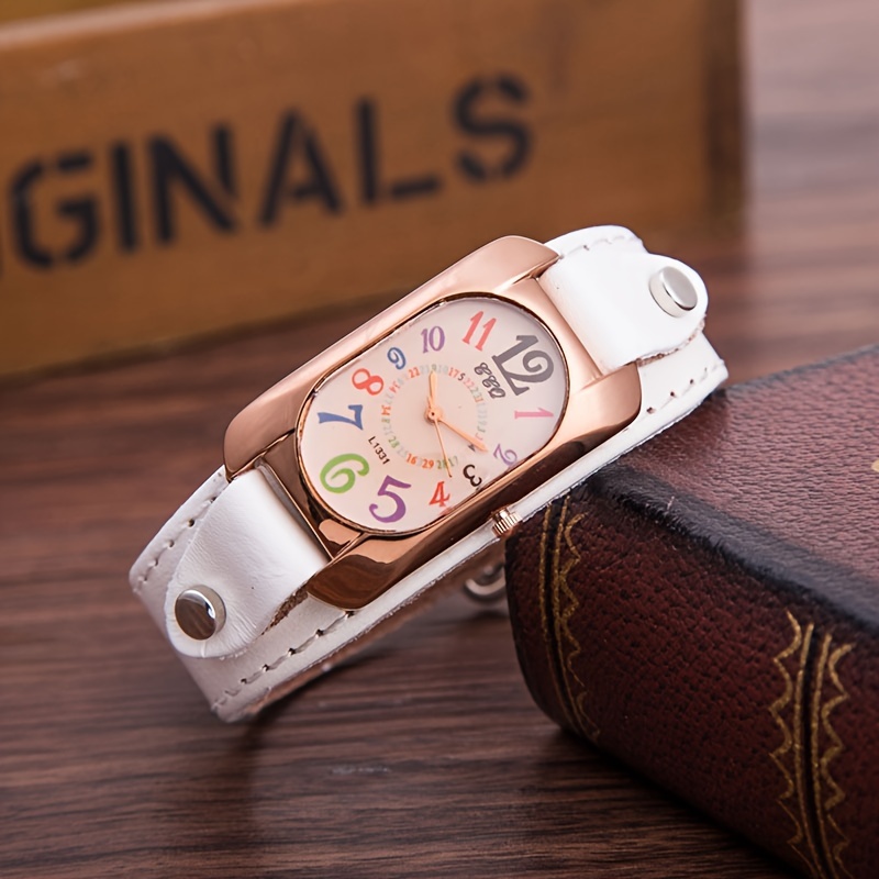 womens retro oval quartz watch colorful numerals fashion analog pu leather wrist watch details 2