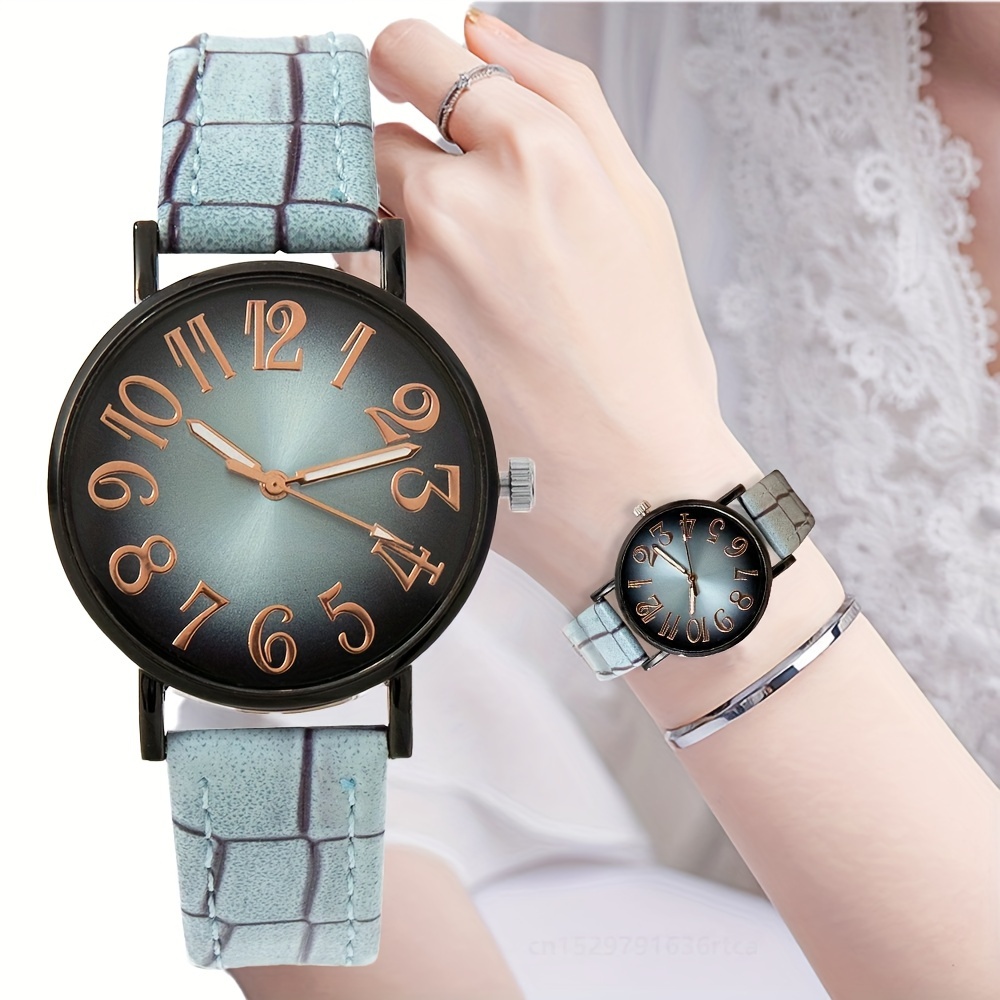 womens watch casual round pointer quartz watch retro gradient analog pu leather wrist watch details 0