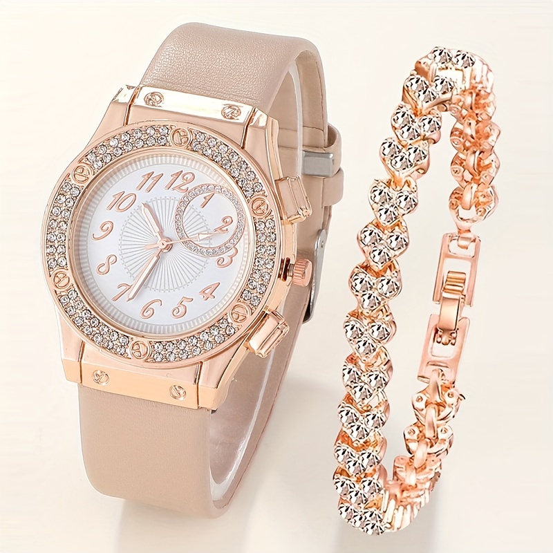 2pcs set womens watch luxury rhinestone quartz watch cute pink analog wrist watch bracelet gift for mom her details 1