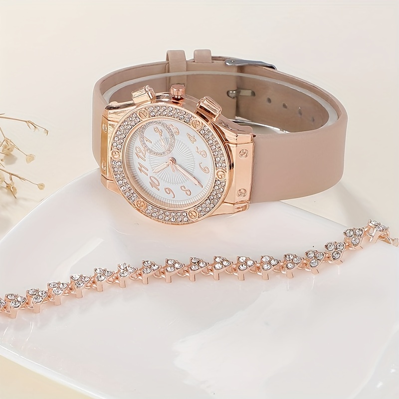 2pcs set womens watch luxury rhinestone quartz watch cute pink analog wrist watch bracelet gift for mom her details 2