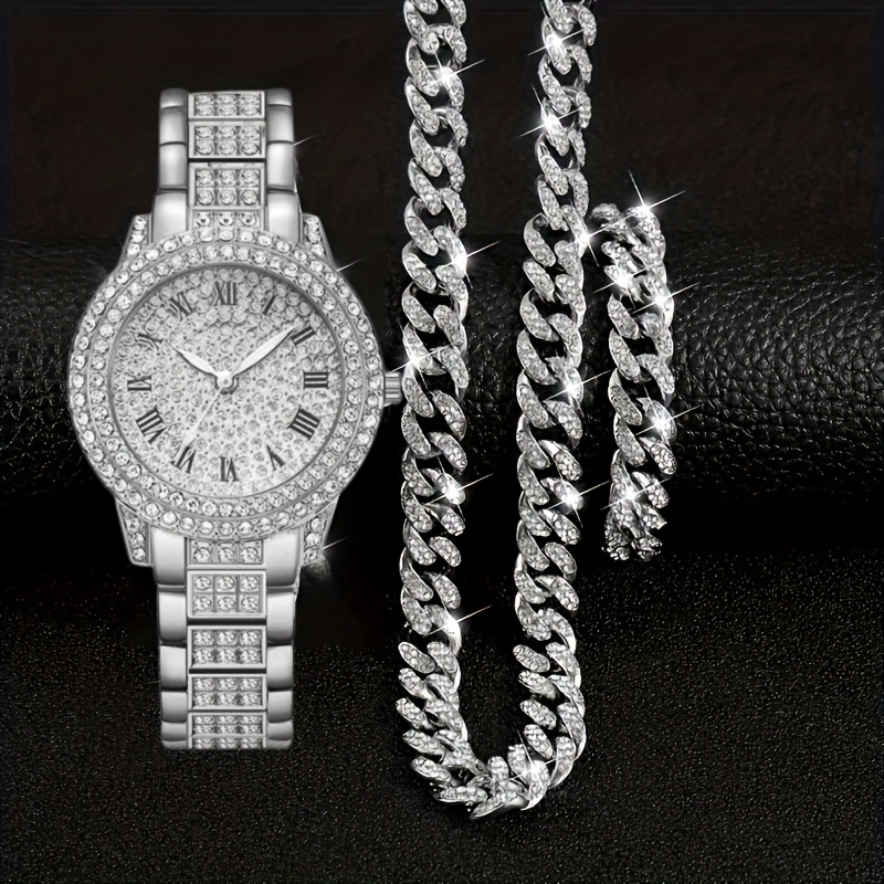 3pcs luxury rhinestone quartz watch alloy wrist and jewelry necklace bracelet set perfect gift for her gifts for eid details 2