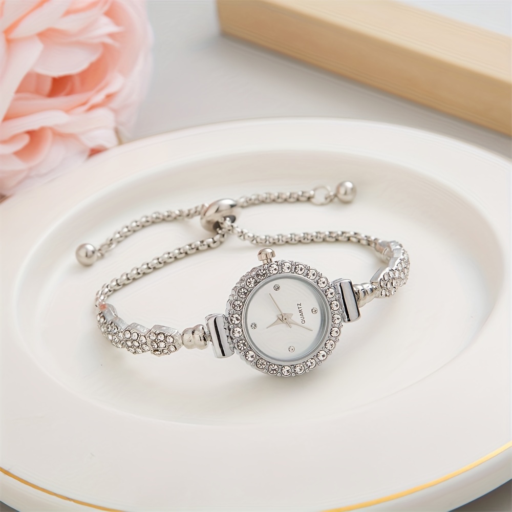 womens watch elegant round pointer quartz bracelet watch sparkling rhinestone analog stainless steel wrist watch details 2