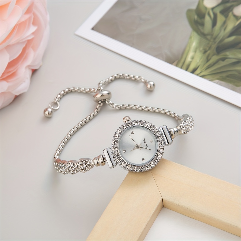 womens watch elegant round pointer quartz bracelet watch sparkling rhinestone analog stainless steel wrist watch details 3