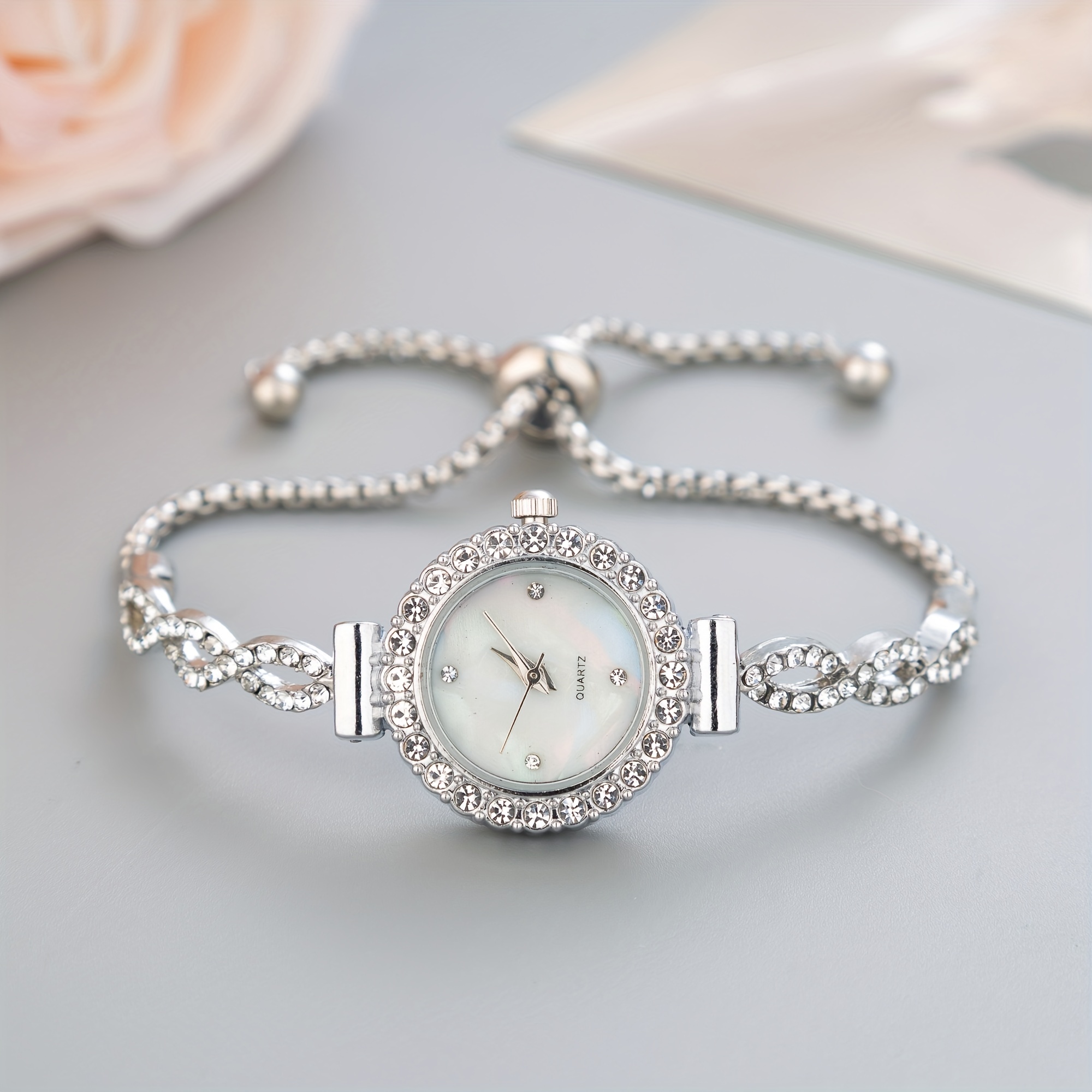 womens watch luxury rhinestone quartz bracelet watch elegant iridescent dial analog wrist watch details 1