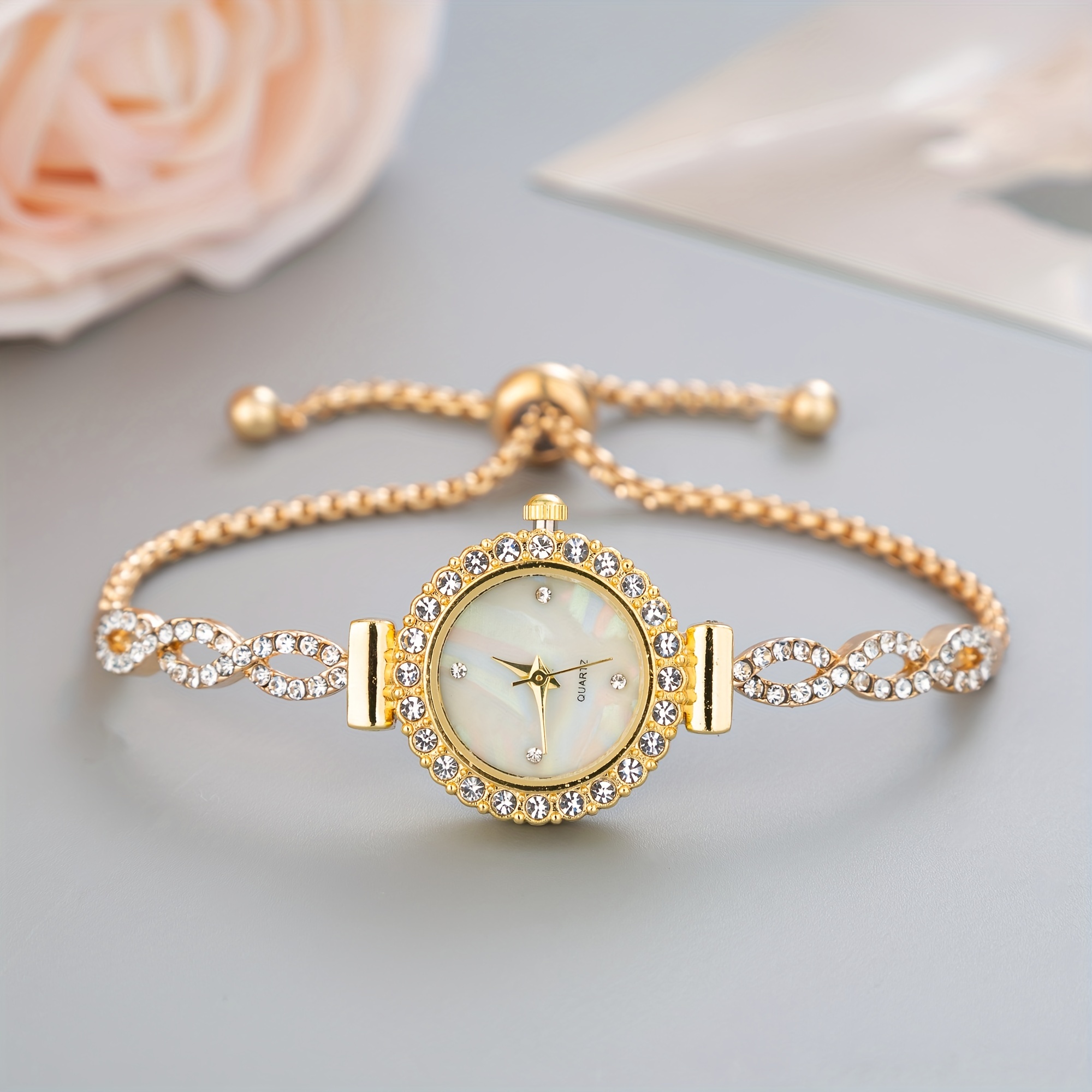 womens watch luxury rhinestone quartz bracelet watch elegant iridescent dial analog wrist watch details 7