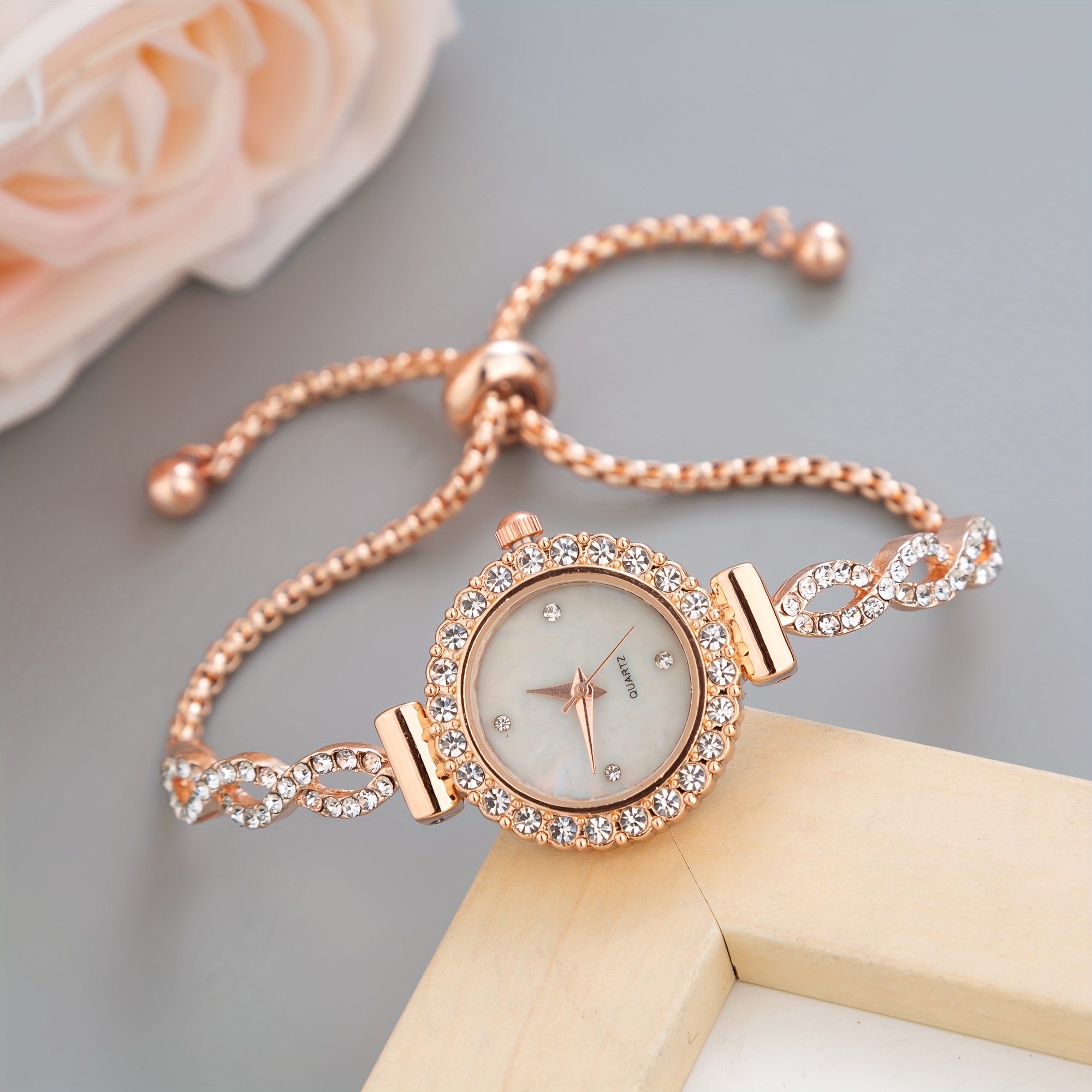 womens watch luxury rhinestone quartz bracelet watch elegant iridescent dial analog wrist watch details 12