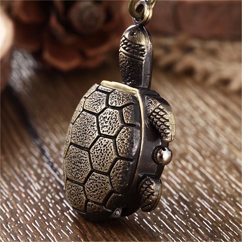 turtle shape cute pocket watch vintage bronze keychain novelty quartz watch flip car keychain pendant bag accessories details 4