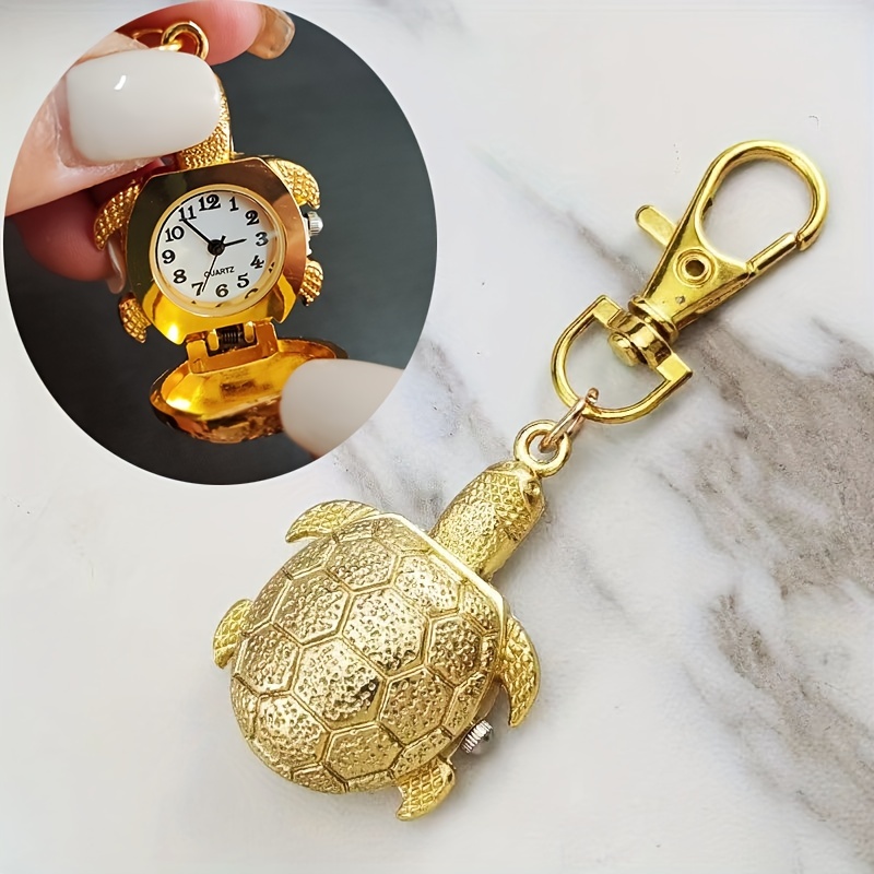 vivid tortoise model pocket watch stylish hanging chain round quartz watch classic flip watch keychain pendant accessories details 0