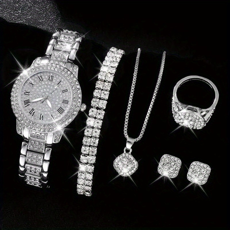 6pcs women luxury rhinestone quartz watch hiphop fashion casual analog watches jewelry set simple ideal choice for gifts gifts for eid details 3