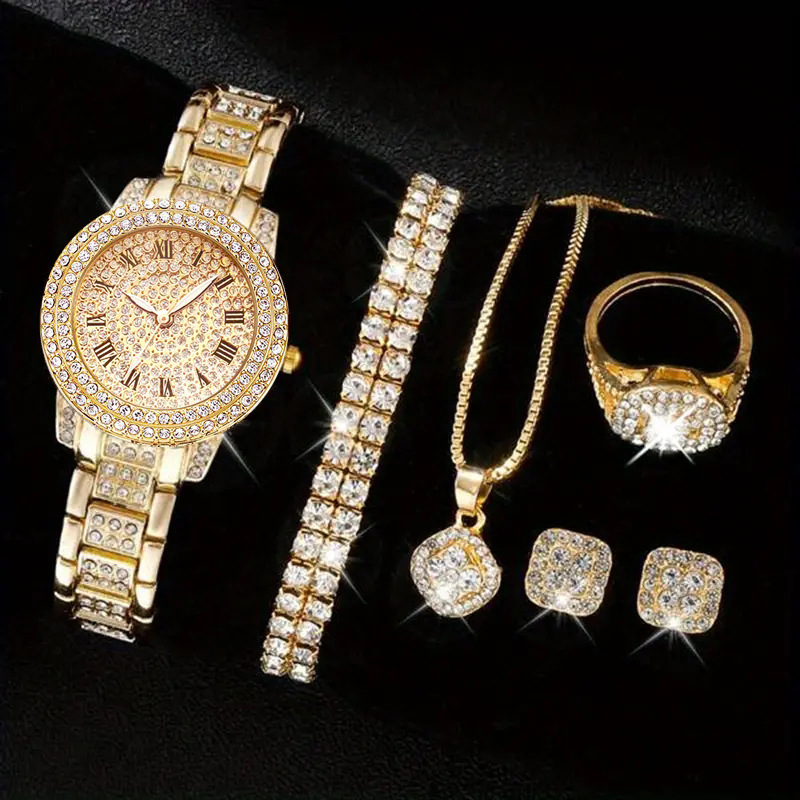 6pcs women luxury rhinestone quartz watch hiphop fashion casual analog watches jewelry set simple ideal choice for gifts gifts for eid details 4