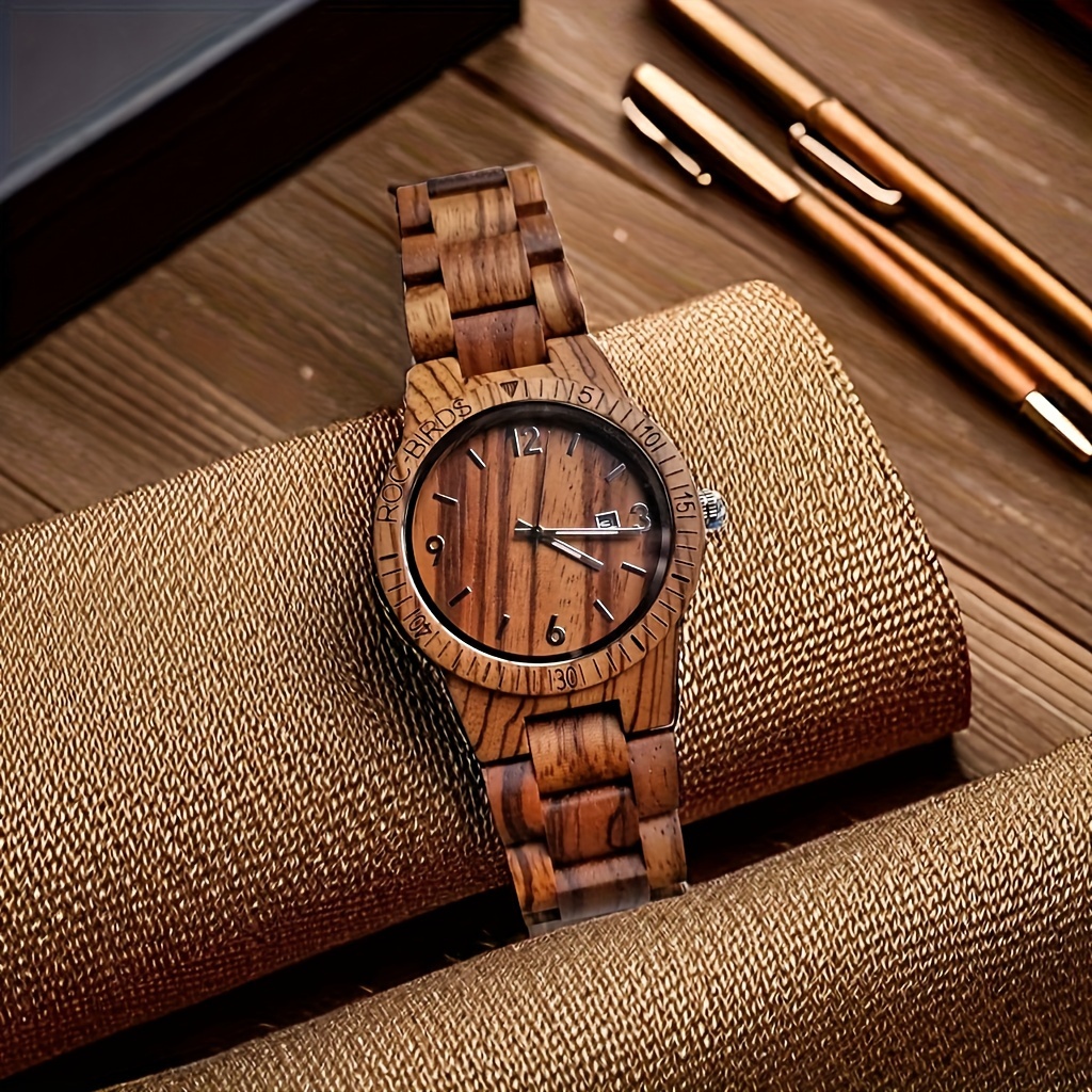 1pc mens date display lightweight wood quartz wrist watches details 3