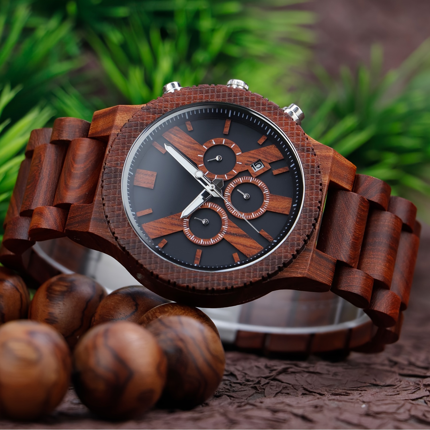 1pc red sandalwood mens chronograph quartz watch boys gift details 1