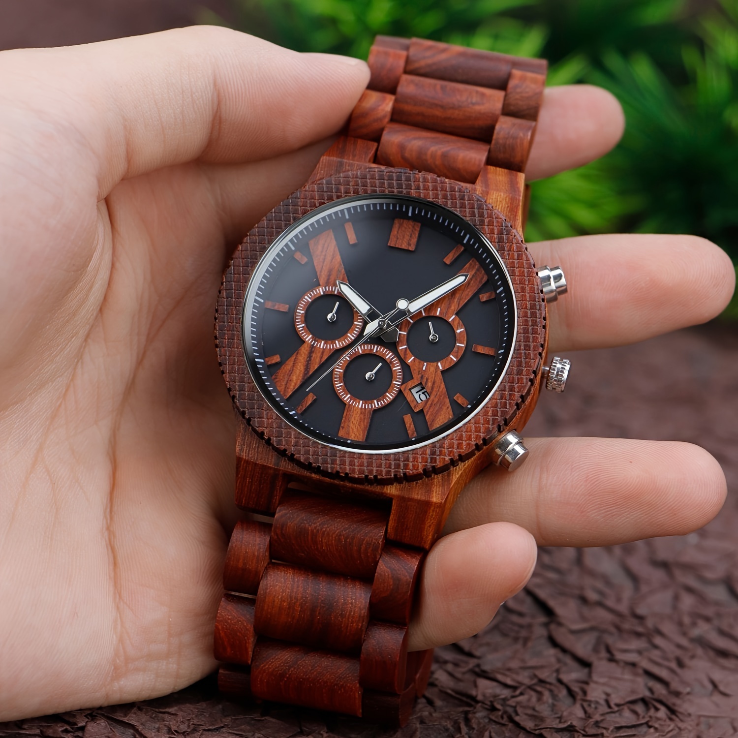 1pc red sandalwood mens chronograph quartz watch boys gift details 2