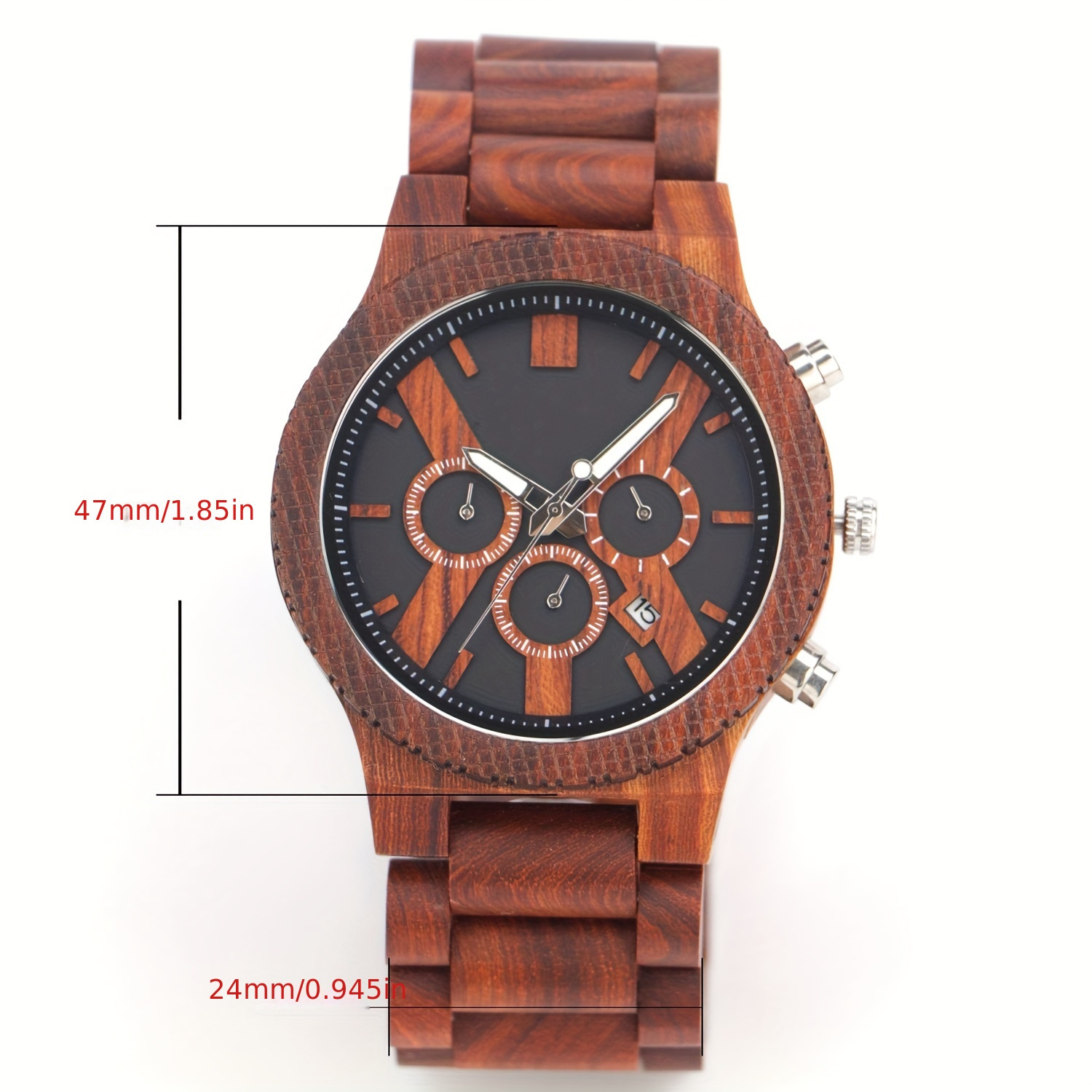 1pc red sandalwood mens chronograph quartz watch boys gift details 3