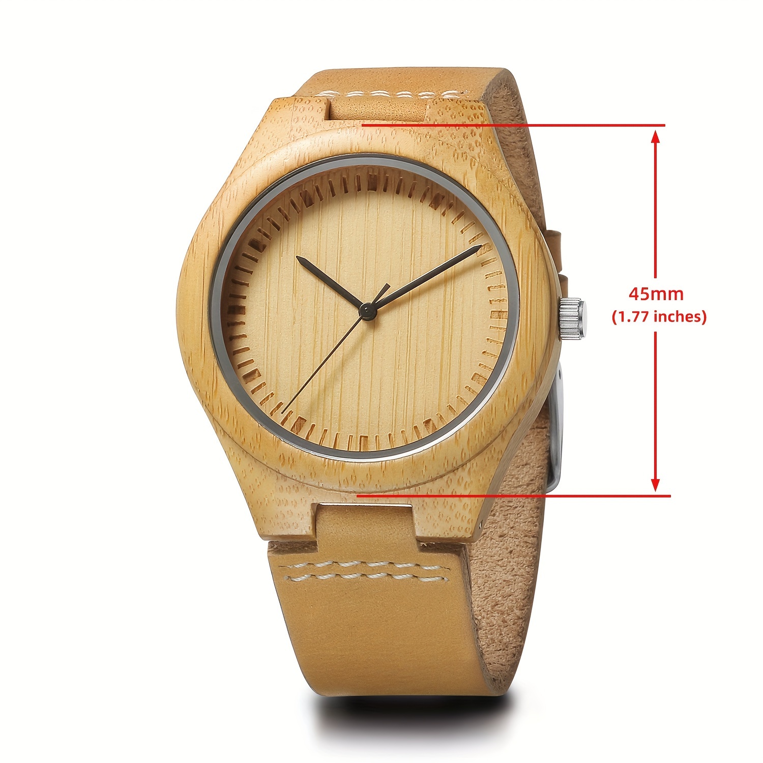 mens bamboo wooden watch with brown cowhide leather strap japanese quartz movement casual watches details 1