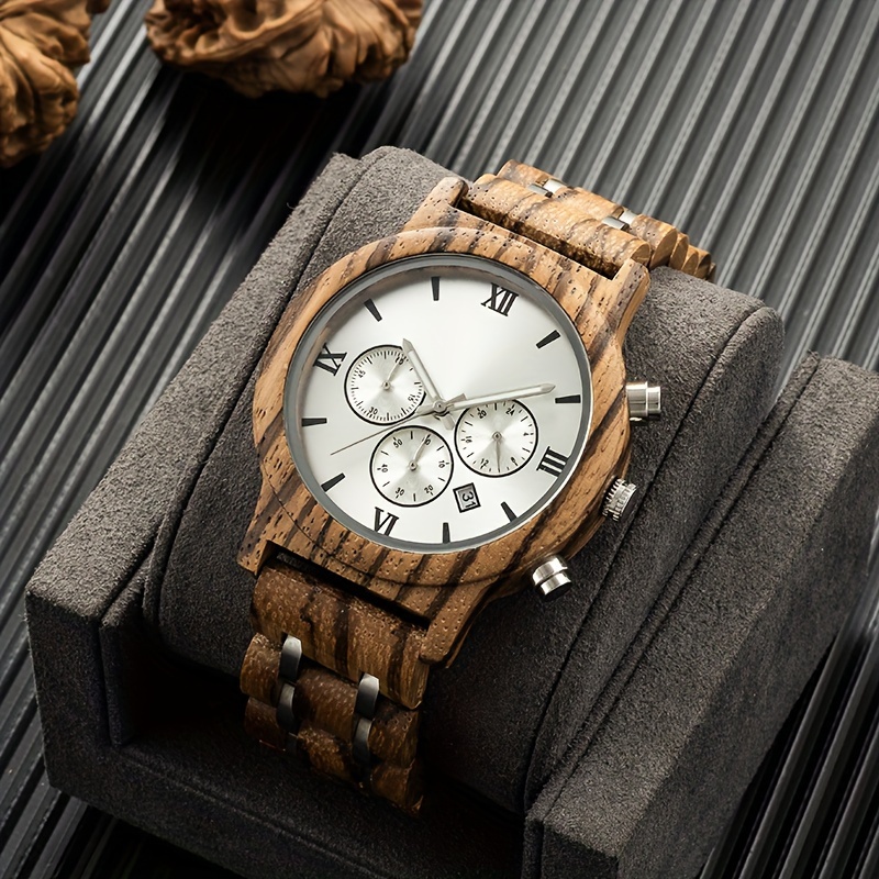 tjw mens wooden watch perfect gift for him party style non waterproof analog display electronic quartz movement wooden strap round case details 0