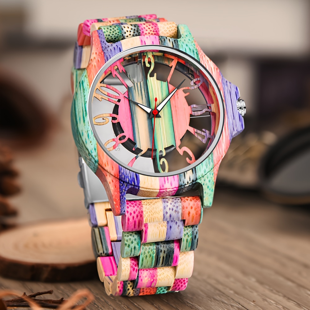 wooden watch creative colorful hollow out dial wooden mens watches analog quartz mens wood watch details 2