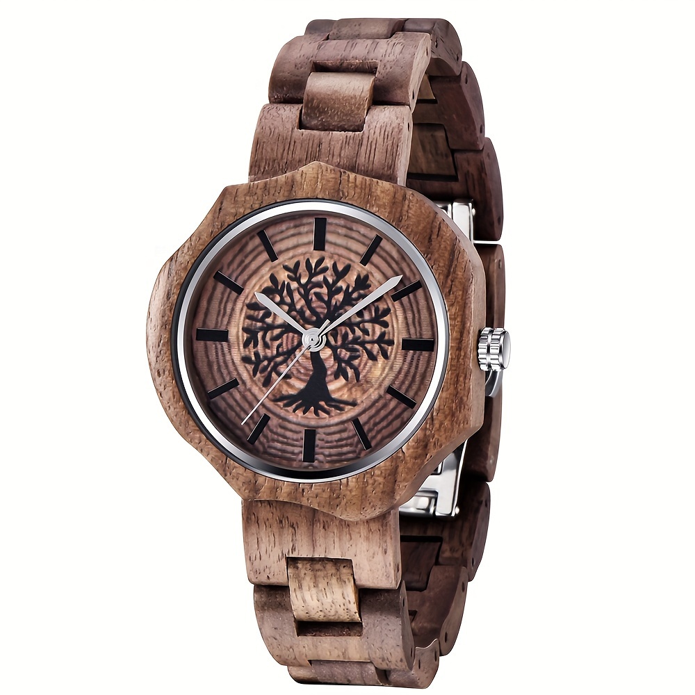 natural wooden quartz mens watches engraved tree of life hand made wooden watches for men details 2