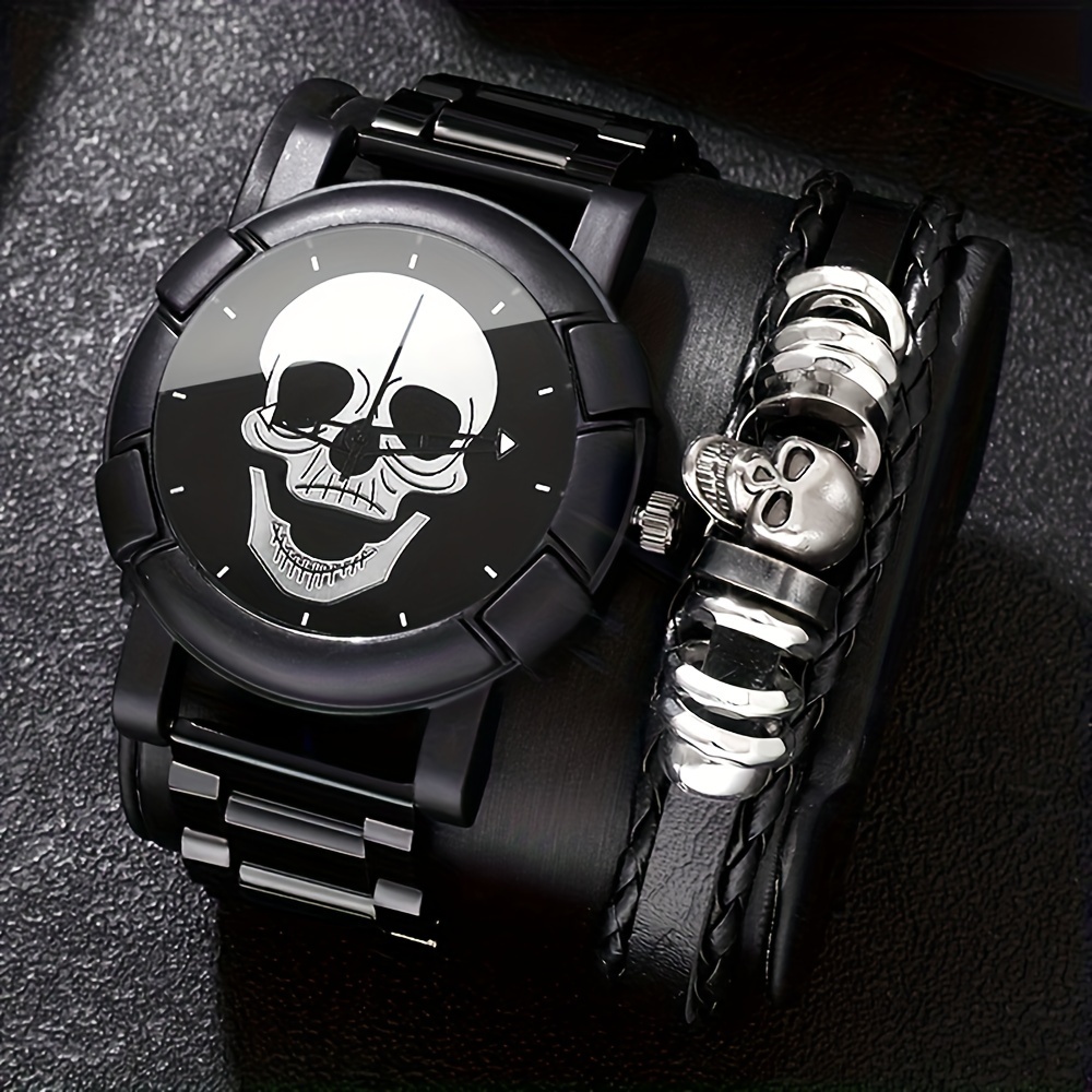 2pcs set mens casual fashion black skull quartz watch set halloween gift details 1