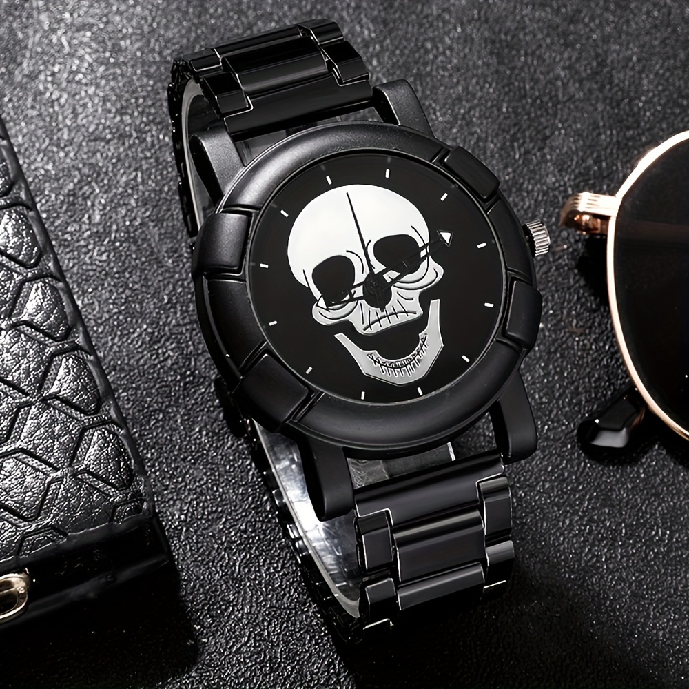 2pcs set mens casual fashion black skull quartz watch set halloween gift details 3