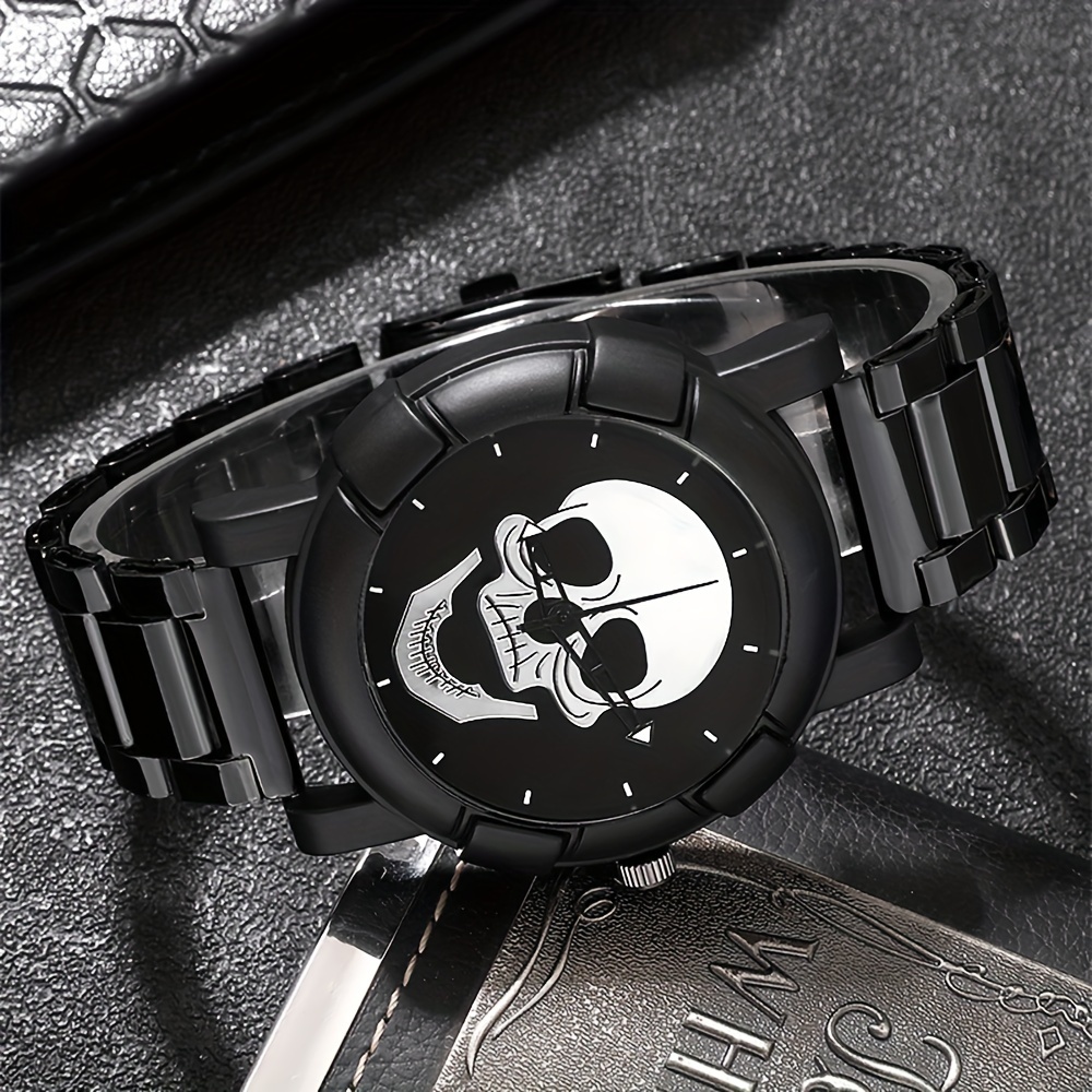 2pcs set mens casual fashion black skull quartz watch set halloween gift details 4