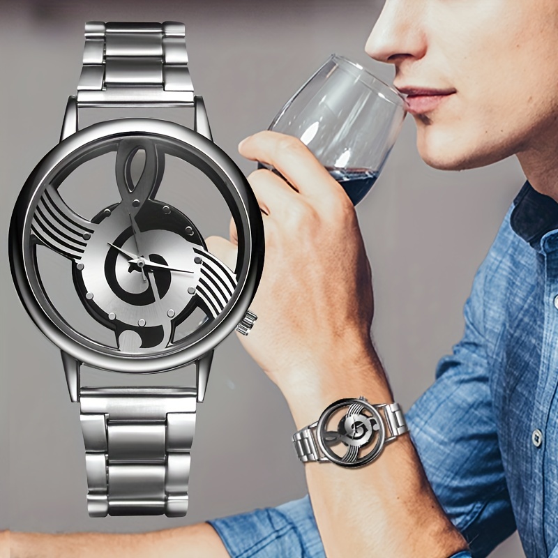 mens fashion stainless steel music symbol quartz watch ideal choice for gifts details 2