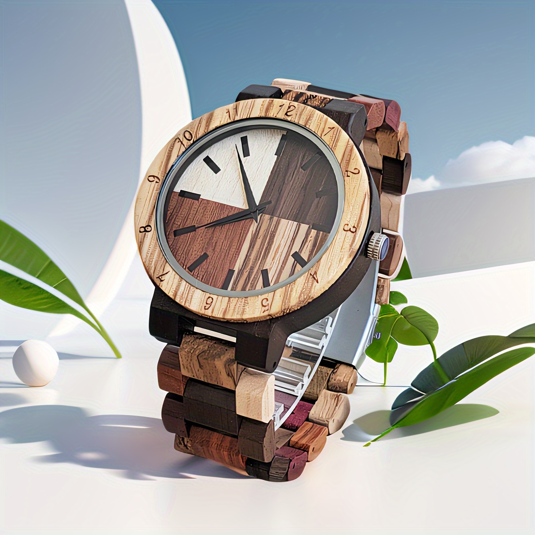 stylish mens quartz watch with colorful wooden dial vintage inspired unique gift for him details 4