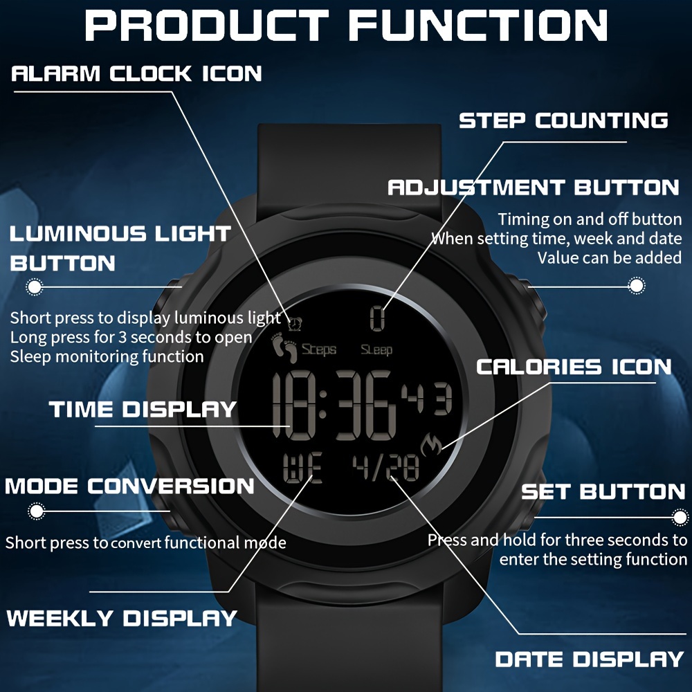 mens watch comfortable silicone strap multi function sport watch step counter calorie counter sleep monitoring date luminous display details 6